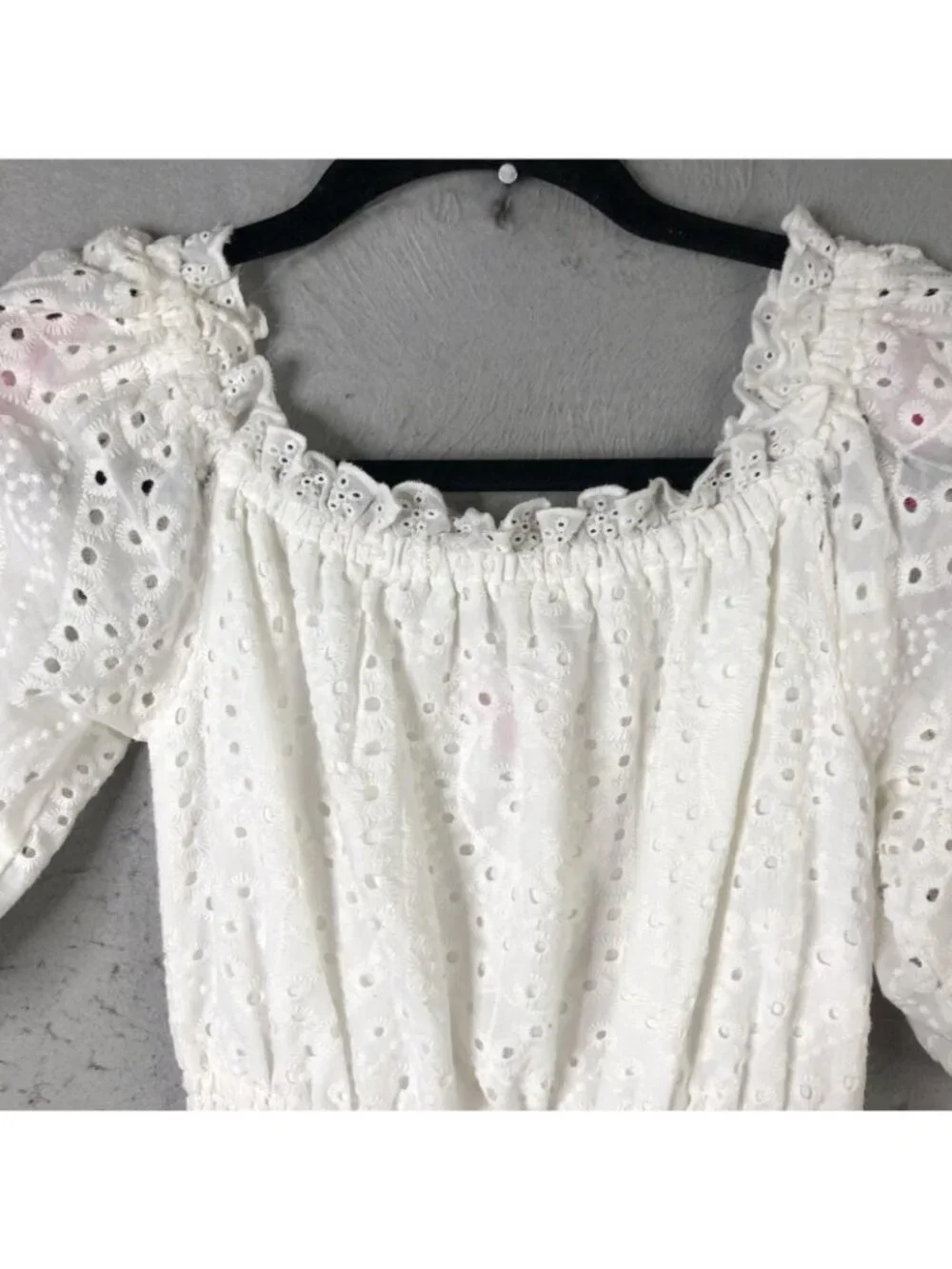 Betsey Johnson Dress Womens S White Eyelet Lace Smocked Midi Puff Sleeve Boho - Picture 13 of 16
